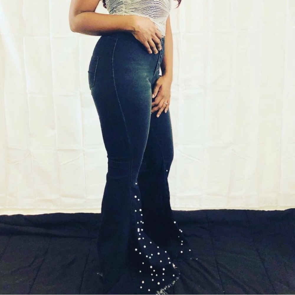 Flared bellbottoms, jeans with pearls/beads